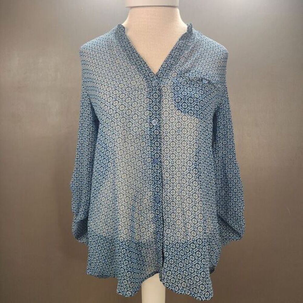 Kut from the Kloth Women's Blouse XS Blue Geometric Print‎ Sheer Rolled Sleeve